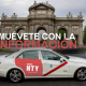Foto principal del post del acuerdo con los taxis para la Sala de Noticias de NTY. Hay un taxi con los colores de NTY y el slogan "Muévete con la información"